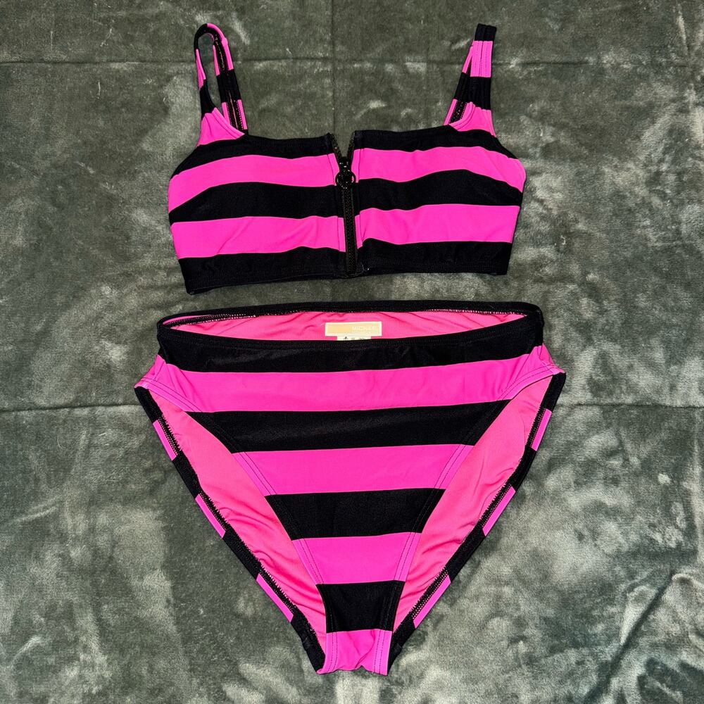 Michael Kors Zip-Front Bikini‎ Set Top Women's XS Bottom L Hot Pink/Black